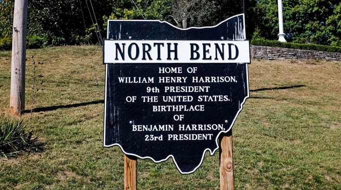 Sign designating North Bend as home of William Henry Harrison and birthplace of Benjamin Harrison.