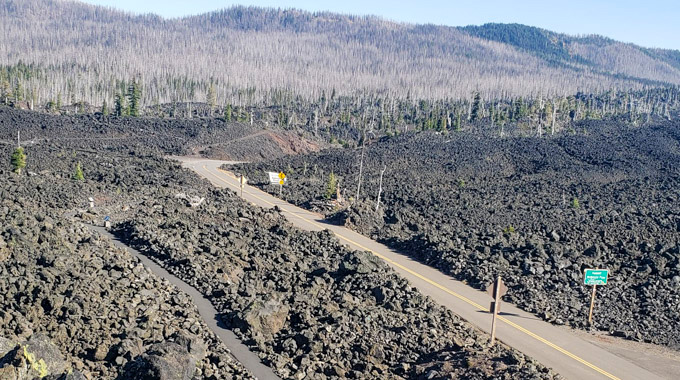 Basaltic lava fields flanking Oregon State Route 242