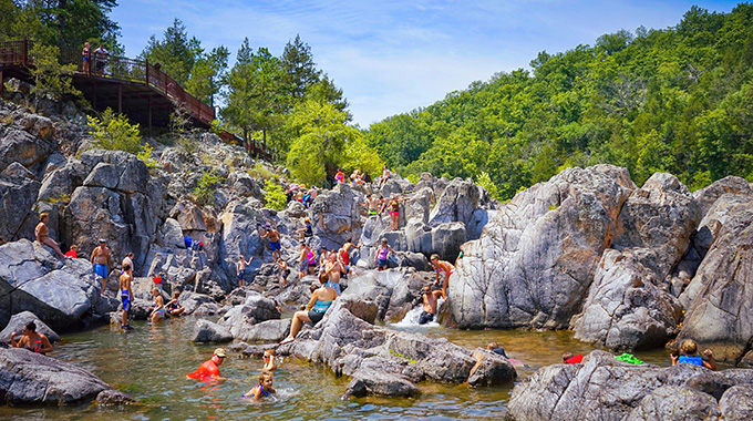 Crowds of swimmers at Johnson’s Shut-Ins State Park.