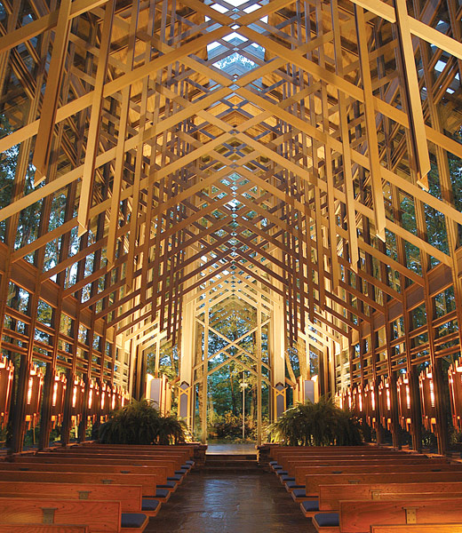 Thorncrown Chapel’s 425 windows invite the outdoors inside this architectural masterpiece near Eureka Springs. | Photo courtesy Whit Slemmons/Thorncrown Chapel