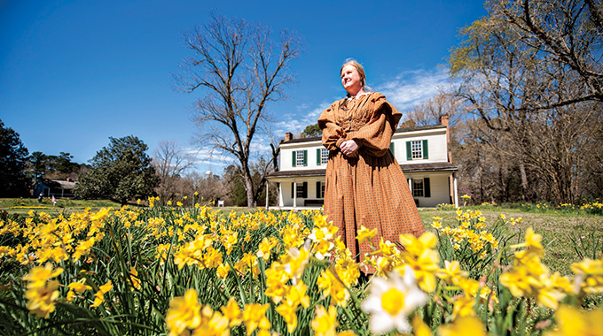 Woman at Historic Washington State Park clad in period attire 