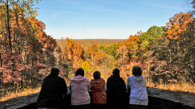Five people looking out toward the fall foliage at Brown County State Park.