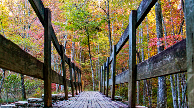 A wooden bridge along a trail in Tishomingo State Park.