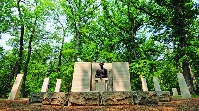 A series of plaques and pedestals in Lincoln State Park in Lincoln City, Indiana, celebrate pivotal moments in President Abraham Lincoln’s life. | Photo courtesy Indiana Department of Natural Resources 