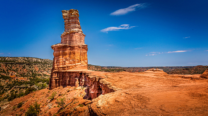 The famous Lighthouse Rock at Palo Duro Canyon State Park. | Photo by Martina Birnbaum/stock.adobe.com