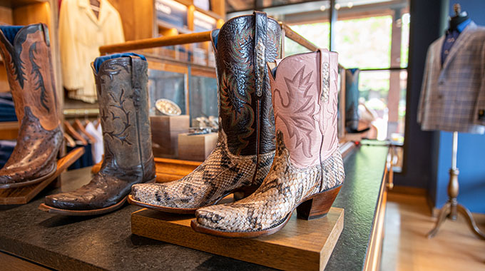 Boots on display at Lucchese Bootmaker, on Exchange Avenue.