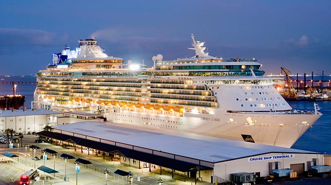 The Carnival Cruise Ship Breeze is docked at the Texas Cruise Ship Terminal I at the Port of Galveston.