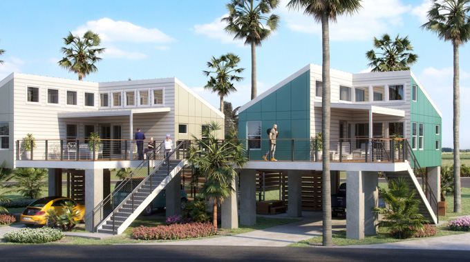 Rendering of modern bungalows over parking spots 