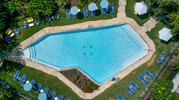 Overhead view of the Shady Villa Hotel pool