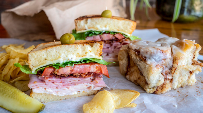 The Brown Bag Special from Yesterdays Sandwich Shop: A sandwich, chips, and cinnamon roll