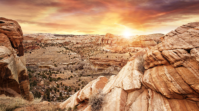 Sunlight illuminates a rocky wonderland at Grand Staircase Escalante National Monument.