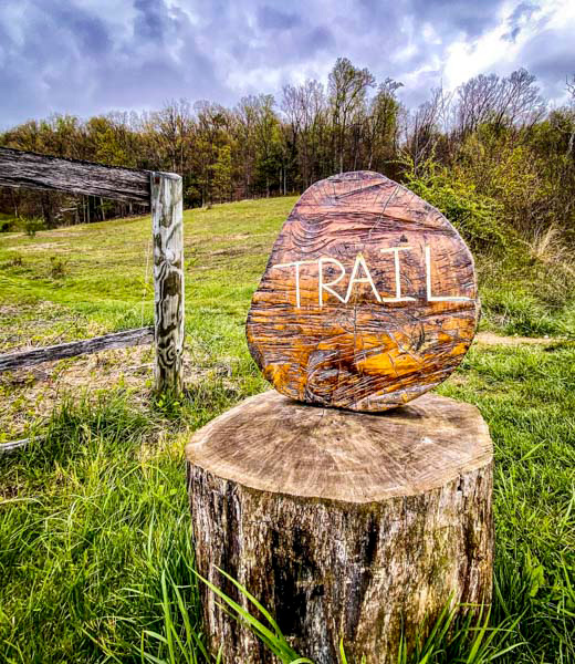 A tree stump shaped into a sign marking a walking trail at the Inn at Mount Vernon Farm