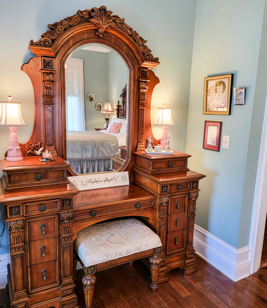 A vanity inside a guest room at Trinkle Mansion