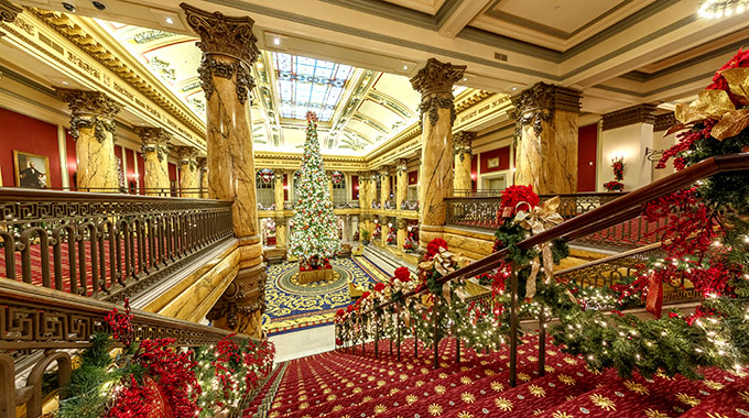 Holiday decorations inside the Jefferson Hotel lobby