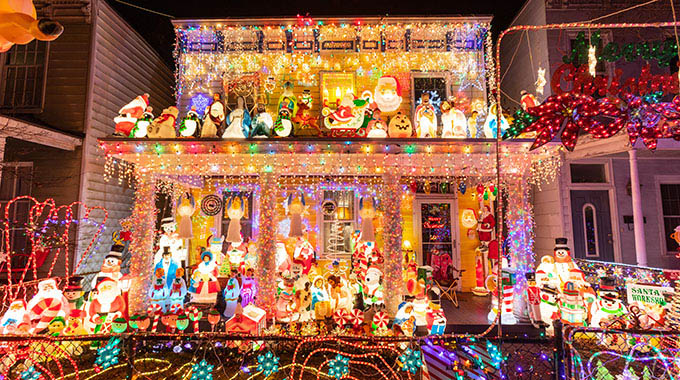 A festively decorated house along the Tacky Lights Tour route