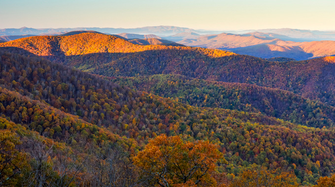 Tree-filled mountains seen from the Blue Ridge Parkway.