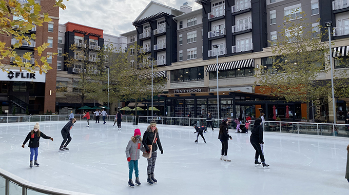 Bundle up and ice skate around Pentagon Row Outdoor Ice Skating, the second-largest outdoor rink in the state. | Photo courtesy Pentagon Row Outdoor Ice Skating Rink