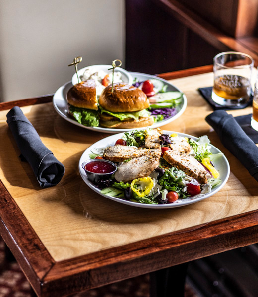 A burger and chicken salad served aboard the Virginia Scenic Railway