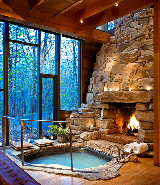 Ultimate luxury: in-room hot tub and fireplace in the Aviary Cottage at Twin Farms. | Photo courtesy Twin Farms