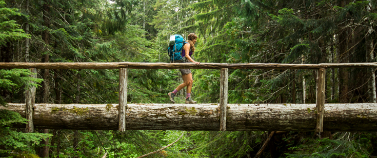 Woman hiking across a wooden bridge in a lush green forest Woman hiking across a wooden bridge in a lush green forest