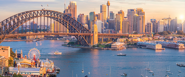 A view of the harbor and skyline in Sydney, Australia A view of the harbor and skyline in Sydney, Australia