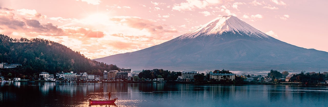 Panorama view of beautiful mt.Fuji in the morning , View from lake Kawagushiko , Japan