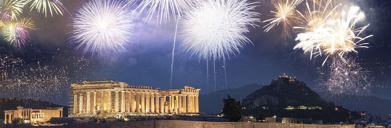 Fireworks fill the night sky over the Acropolis and the Parthenon in Greece