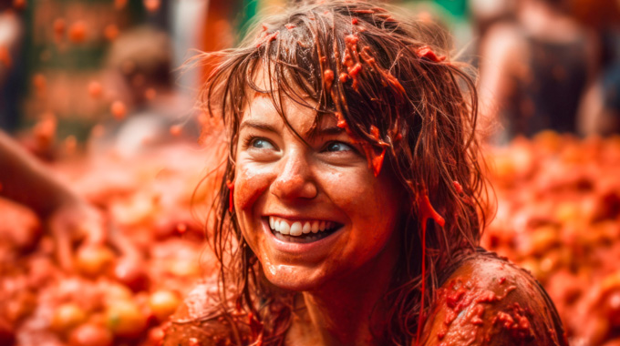 Woman covered in smashed tomatoes.