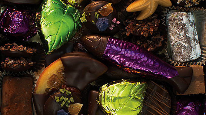 Chocolates in assorted shapes including fish and leaves