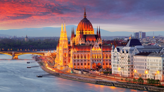Hungary's city lights glow at dusk