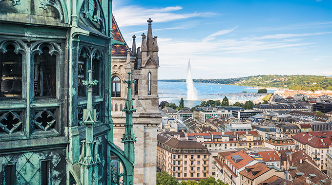 View of Geneva from Cathedral of Saint-Pierre and the Jet d'Eau fountain in the distance. | Photo by Alexander Demyanenko/stock.adobe.com