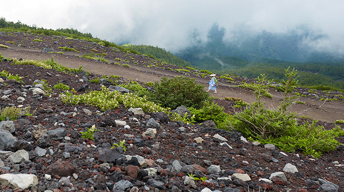 On the wide gravel path that takes hikers up Mount Fuji, Japan