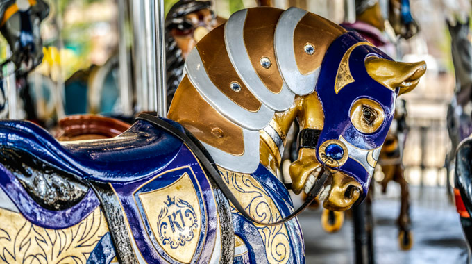 An armored horse on the Grand Carousel in Coney Island Park.