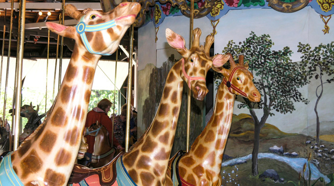 Giraffe seats aboard the Weona Park Carousel.