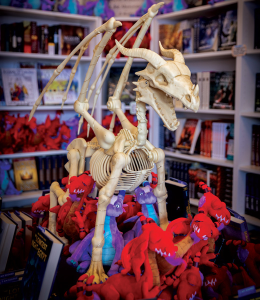 The skeleton of a mythical creature guarding the shelves at Beastly Books.