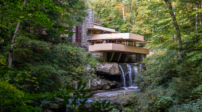 Fallingwater, a structure with terraces overhanging a river tributary.