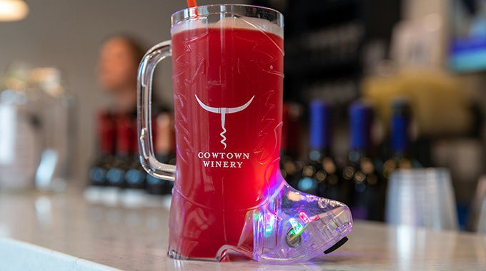 A wine-based margarita is served in a boot at Cowtown Winery.
