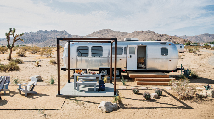 Aistream trailer set up in the desert at Joshua Tree.